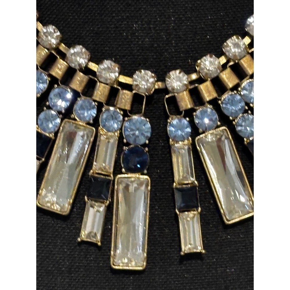 Mythologie Blue Rhinestone Cleopatra Bib Statement Necklace Gold Tone Art Deco - Picture 2 of 7